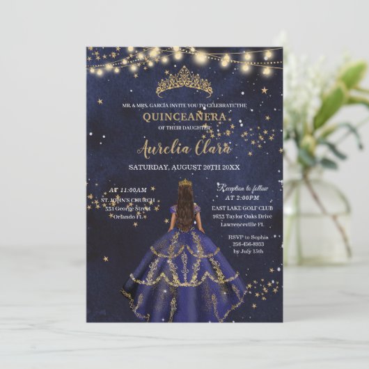 Chique Sterrennacht Navy Blauw Jurk Goud Quinceañe Kaart (Staand voorkant)