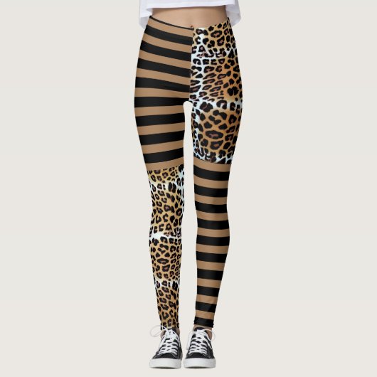 Chique stijlvolle bruine luipaard & zwarte bruine  leggings (Voorkant)