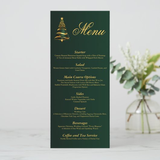 Chique Stijlvolle Gouden Kerstboom Bruiloft Menu Kaart (Staand voorkant)