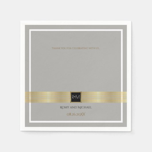 Chique & stijlvolle gouden lijnen op grijze bruilo servetten (Voorkant)