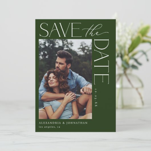 Chique Stijlvolle Mod Photo Save the Date 2 Dk Gre Kaart (Staand voorkant)