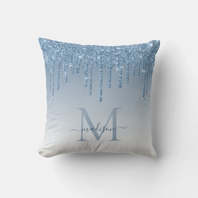 Chique Stof Blauw Glitter Druppels Glam Monogram S Kussen (Voorkant)