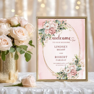 Chique Stof Roze Bloemen Gouden Glitter Welkomstbo Poster
