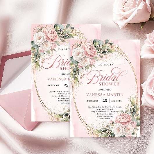Chique Stof Roze Bloemengoud Glitter Bruiloft Kaart