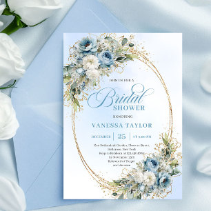 Chique Stofblauwe Bloemen Gouden Bruiloftsuitnodig Kaart