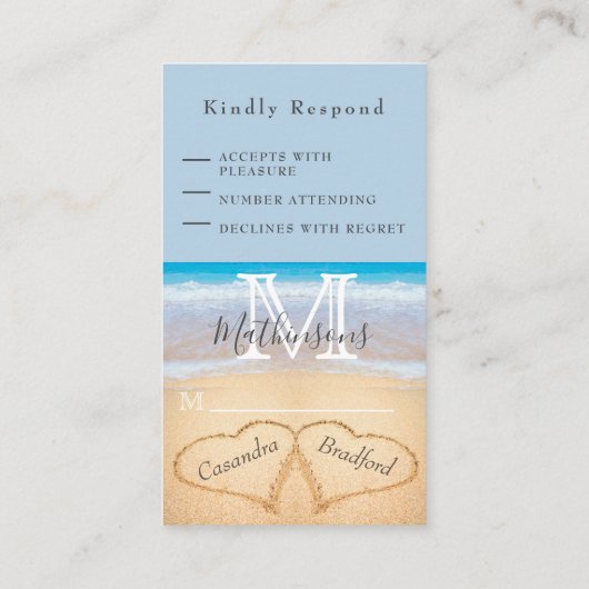Chique stoffige blauwe harten zand RSVP strand bru Informatiekaartje (Achterkant)