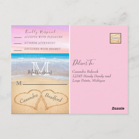 Chique stoffige blauwe harten zand strand bruiloft briefkaart (Achterkant)