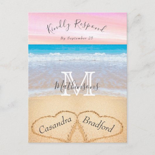 Chique stoffige blauwe harten zand strand bruiloft briefkaart (Voorkant)