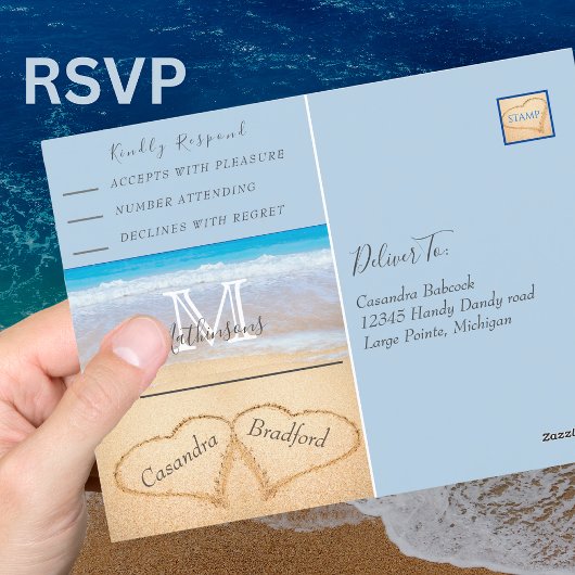Chique stoffige blauwe harten zand strand bruiloft briefkaart