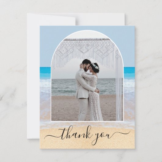 Chique stoffige blauwe tropische strand foto boog bedankkaart (Voorkant)