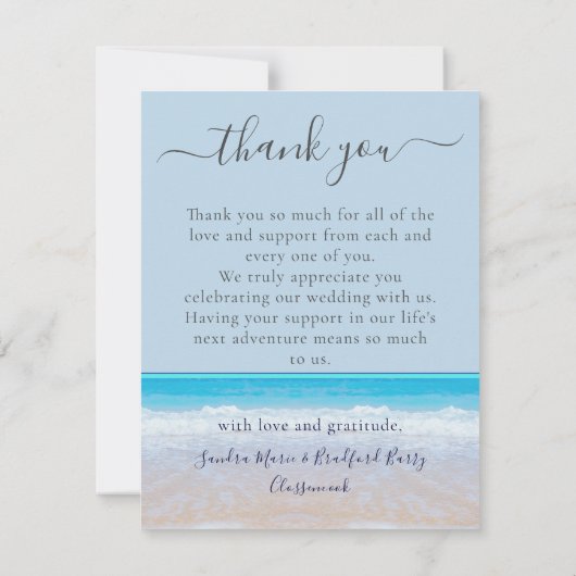 Chique stoffige blauwe tropische strand foto boog bedankkaart (Achterkant)