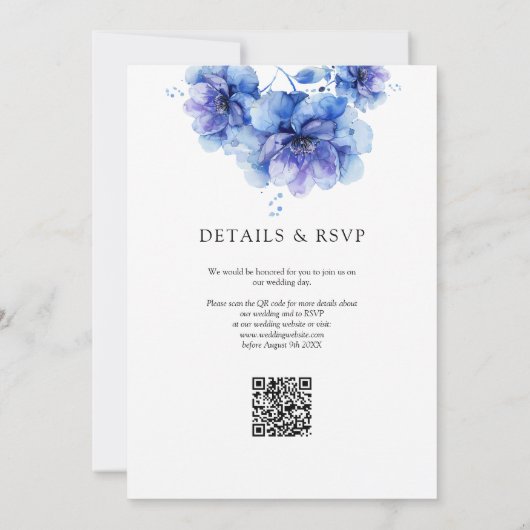 Chique Stoffige Blauwe Waterverf Bloemen QR Code B Kaart (Achterkant)