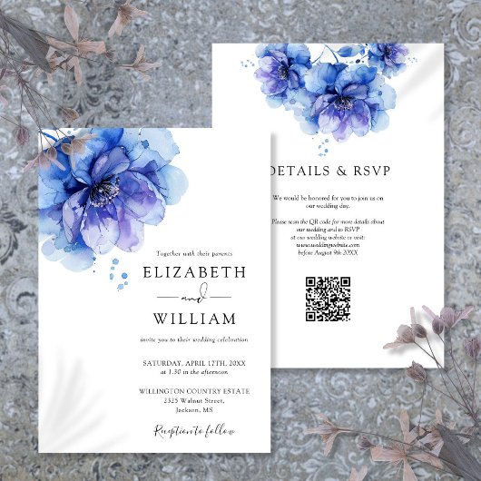 Chique Stoffige Blauwe Waterverf Bloemen QR Code B Kaart