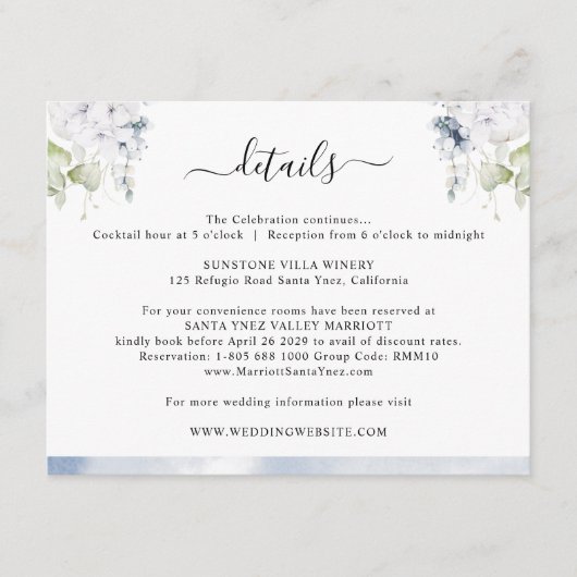 Chique stoffige blauwe Waterverf, bloemenbruiloft Informatiekaartje (Voorkant)