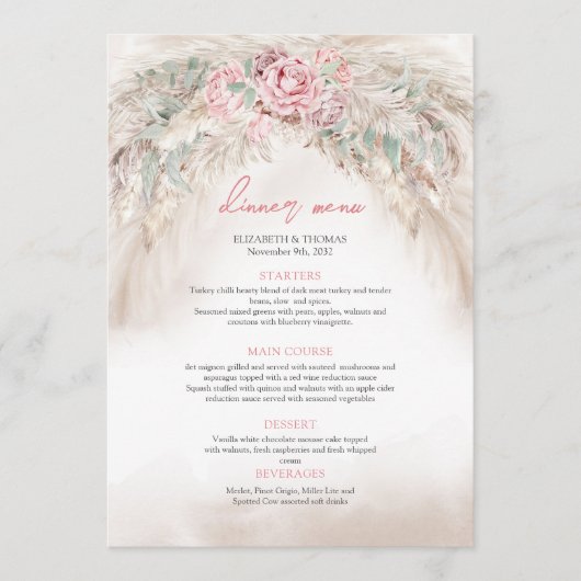 Chique stoffige roze rozen salie groen pampas menu (Voorkant)