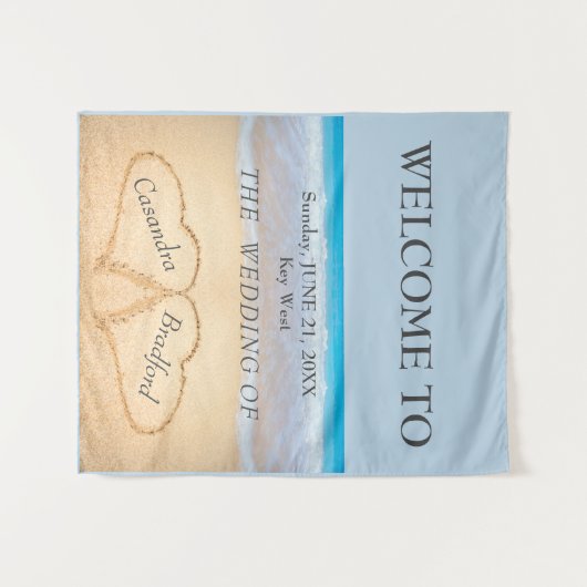 Chique strandhuwelijk 2 harten in het zand wandkleed (Voorkant (horizontaal))