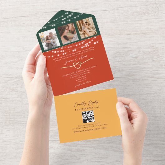 Chique String Lights Bruiloft QR Code All In One Uitnodiging (Afscheurbaar)