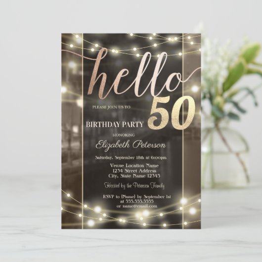 Chique String Lights Zwart 50ste verjaardagsfeestj Kaart (Staand voorkant)