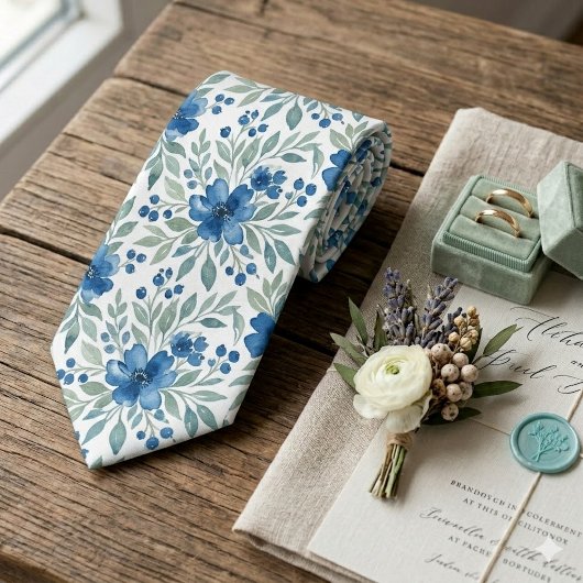 Chique stropdas met blauwe en saliegroene bloemkun