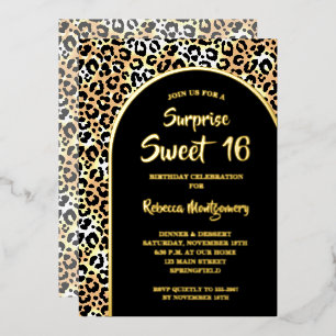 Chique Sweet 16 Luipaardprint Verjaardag Goud Folie Uitnodiging