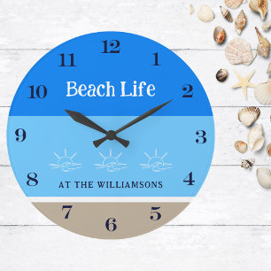 Chique Tan Blue Stripes Familienaam Beach House Grote Klok