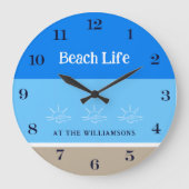 Chique Tan Blue Stripes Familienaam Beach House Grote Klok (Voorkant)