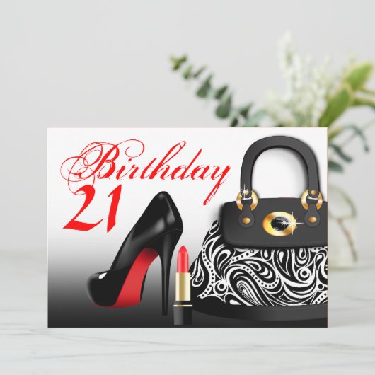 Chique Tas, Hoge Hakken en Lippenstift 21e Verjaar Kaart (Staand voorkant)