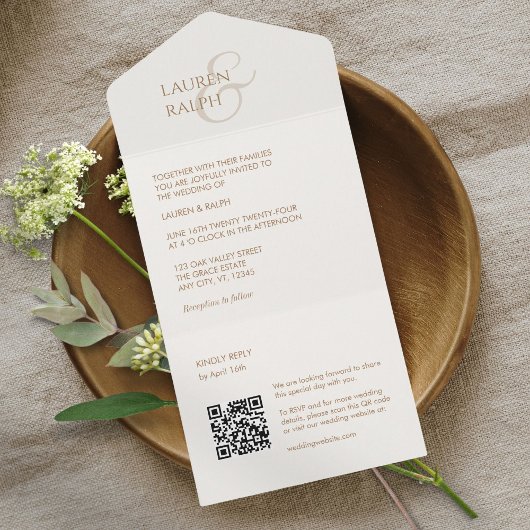 Chique Taupe & Ivoor Monogram Initialen All In One Uitnodiging