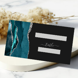 Chique Teal Blauw Zilver Agate Donkere Bruiloft Plaatskaartje