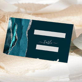 Chique Teal Blauw Zilveren Agaten Trouwring Plaatskaartje