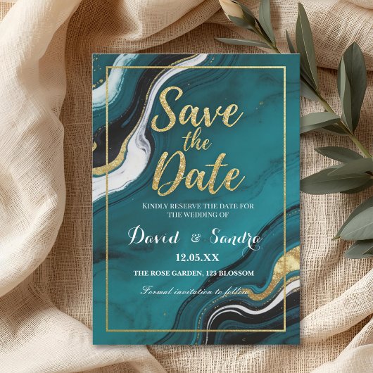 Chique Teal Goud Agaat Marmer Moderne Trouw Save The Date
