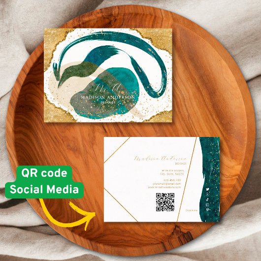 Chique Teal Gouden Glitter Website QR Code Zakelij Visitekaartje
