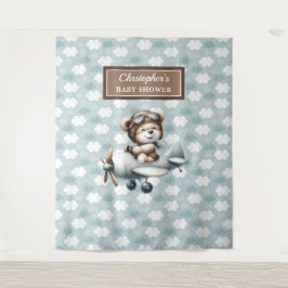 Chique Teddybeer Piloot Blauw Bruin Feestje Wandkleed