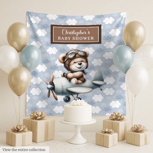 Chique Teddybeer Piloot Blauw Bruin Feestje Wandkleed