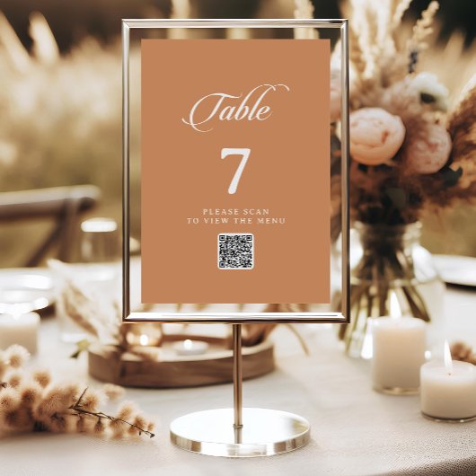 Chique Terracotta Calligrafie QR Code Tafel Nummer Kaart