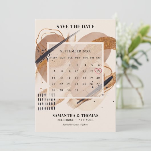 Chique Terracotta roos gouden glitter borstels kal Save The Date (Staand voorkant)