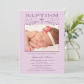 Chique textuur foto doop uitnodiging - Paarse (Staand voorkant)