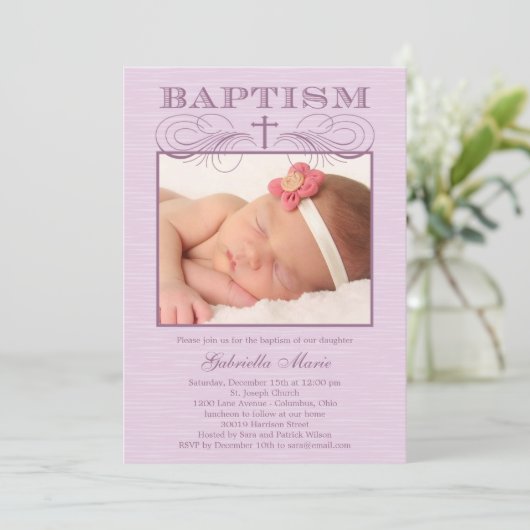 Chique textuur foto doop uitnodiging - Paarse (Staand voorkant)