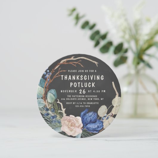 Chique Thanksgiving Potluck Diner Waterverf Bloeme Kaart (Staand voorkant)