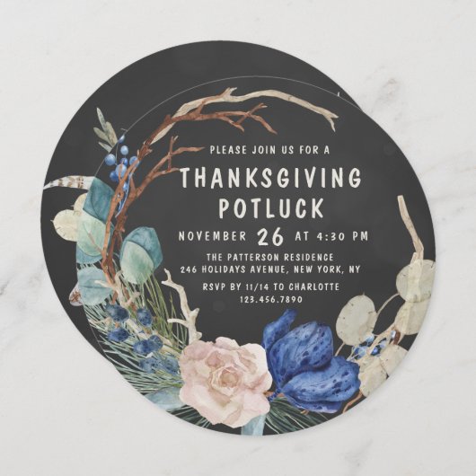 Chique Thanksgiving Potluck Diner Waterverf Bloeme Kaart (Voorkant / Achterkant)