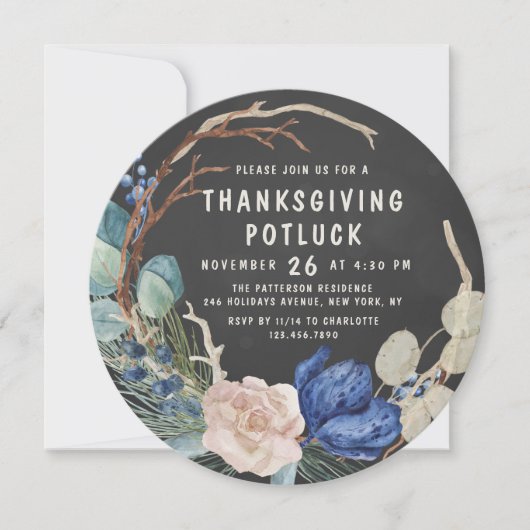 Chique Thanksgiving Potluck Diner Waterverf Bloeme Kaart (Voorkant)