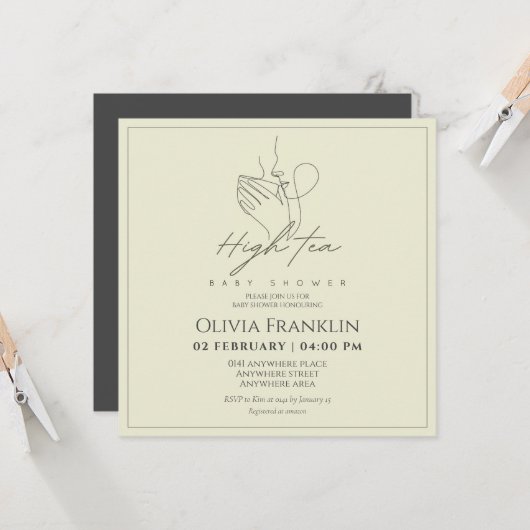 Chique, theefeest baby shower kaart (Voorkant / Achterkant in situ)