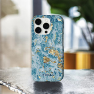 Chique trendy blauw goud textuur gepersonaliseerd iPhone 16 pro hoesje