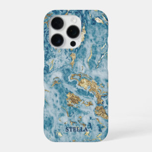 Chique trendy blauw goud textuur gepersonaliseerd iPhone 16 pro hoesje