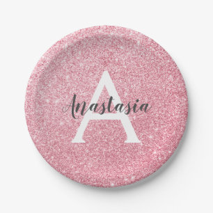 Chique & Trendy Roze Gouden Glitter Glans Monogram Papieren Bordje