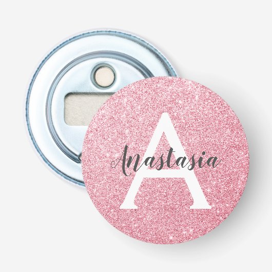 Chique & trendy roze gouden glitters glans monogra button flesopener (Voorkant)