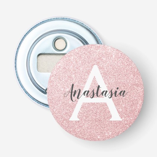 Chique & trendy roze gouden glitters glans monogra button flesopener (Voorkant)