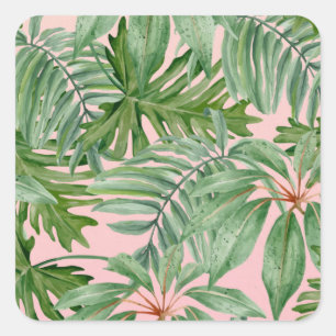 Chique Trendy Tropische Bloemen Roze Palmblad Patr Vierkante Sticker
