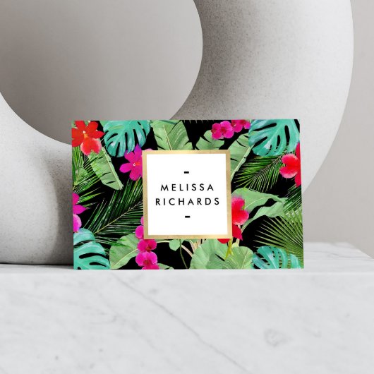 Chique Tropical Print Waterverf Designer Zwart Visitekaartje