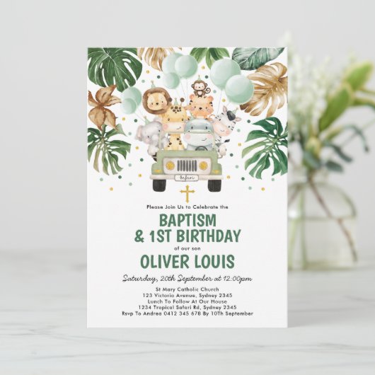 Chique Tropical Safari Oerwoud Doop 1e Verjaardag Kaart (Staand voorkant)